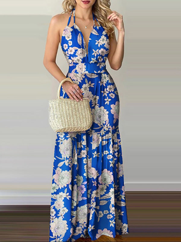 Blue Zone Planet |  Halterneck Tie V-neck Floral Print Open-back Maxi Dress BLUE ZONE PLANET