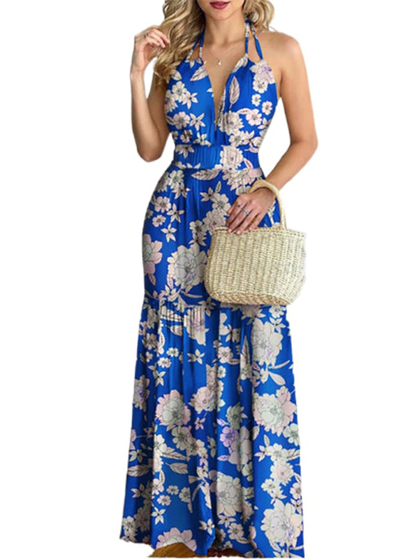 Blue Zone Planet |  Halterneck Tie V-neck Floral Print Open-back Maxi Dress BLUE ZONE PLANET