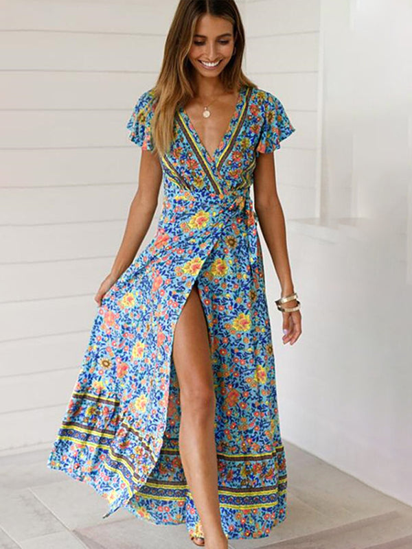 Blue Zone Planet | Ladies Deep V Neck Printed Slit Long Dress BLUE ZONE PLANET