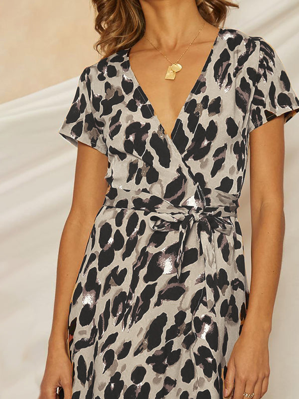 Leopard Print Deep V Lace-Up Dress kakaclo