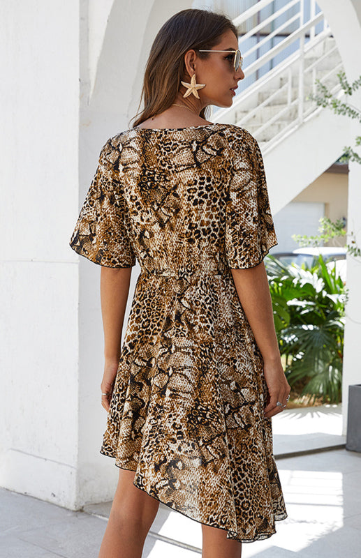 Women's Spring New Irregular Leopard Print Dress V-Neck Skirt kakaclo
