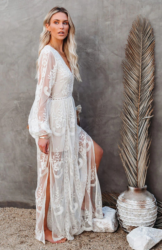Blue Zone Planet |  Lace Long Sleeve Deep V Solid Color Hollow Dress BLUE ZONE PLANET