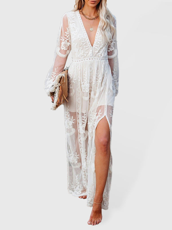 Blue Zone Planet |  Lace Long Sleeve Deep V Solid Color Hollow Dress BLUE ZONE PLANET