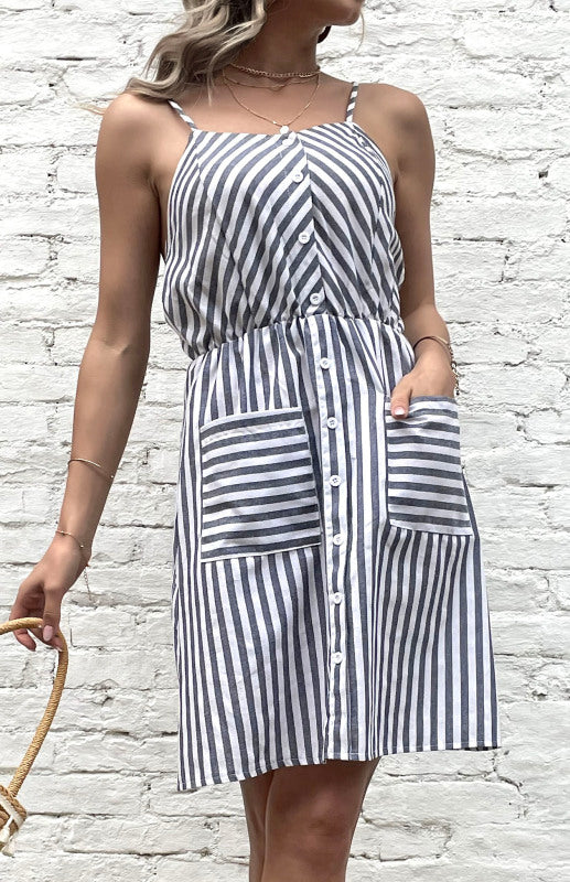 Blue Zone Planet |  Women's Slip Dress Grey Striped Cotton Linen Dress kakaclo