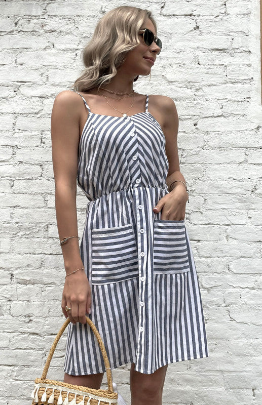 Blue Zone Planet |  Women's Slip Dress Grey Striped Cotton Linen Dress kakaclo