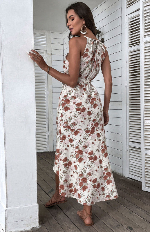 Blue Zone Planet |  Women's Seaside Resort Slip Dress Halter Floral Print White Dress kakaclo