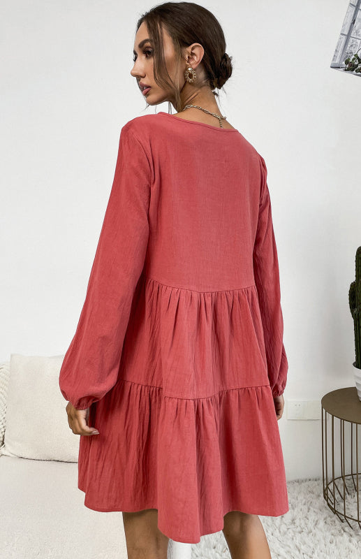 Pleated Solid Color Round Neck Long Sleeve Cotton Linen Loose Dress kakaclo
