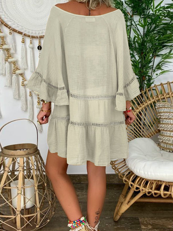 3/4 Sleeve Cotton Linen V-Neck Loose Button Cutout Plus Size Top Dress kakaclo