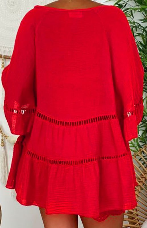 3/4 Sleeve Cotton Linen V-Neck Loose Button Cutout Plus Size Top Dress kakaclo