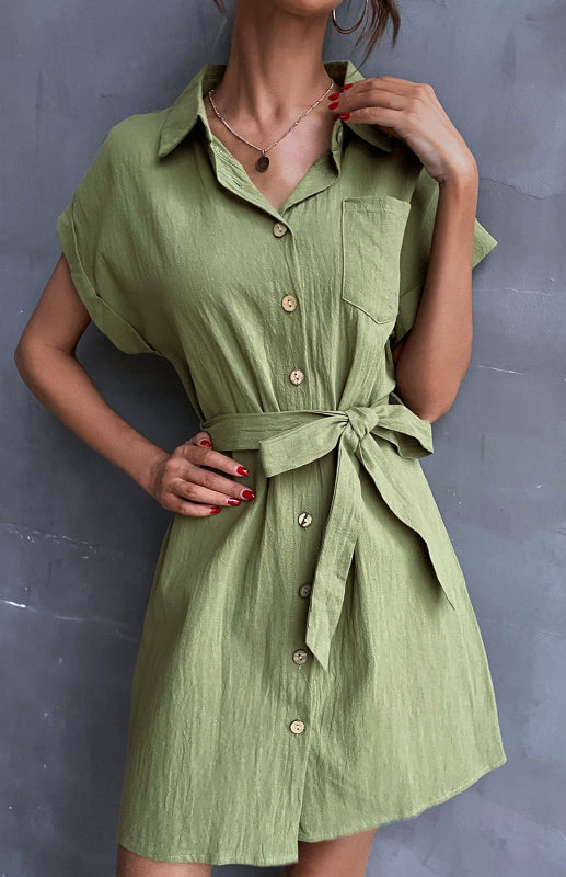 Shirt Dress Green Lace Up Short Sleeve Cotton Linen Dress kakaclo