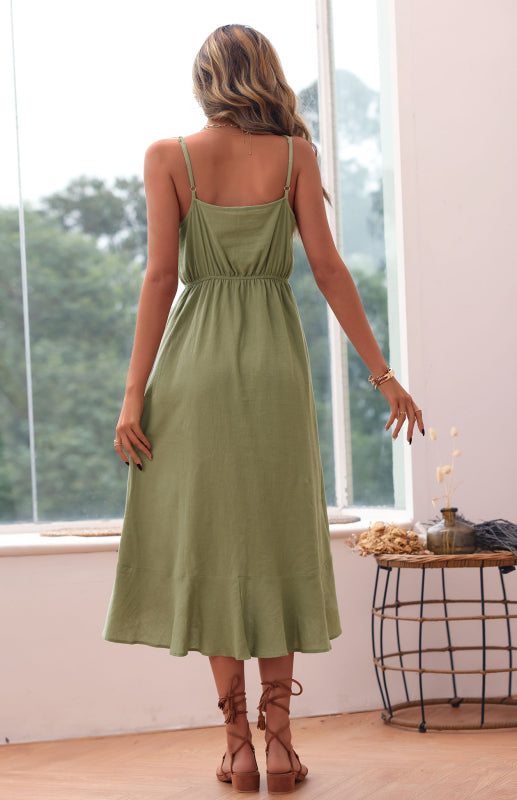 Blue Zone Planet | Solid Color Midi Dress Beach Loose Sling Green Cotton Linen Dress Blue Zone Planet | Solid Color Midi Dress Beach Loose Sling Green Cotton Linen Dress