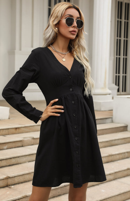 Blue Zone Planet |  Women's Slim Shirt Dress Black V-Neck Cotton Linen Dress kakaclo