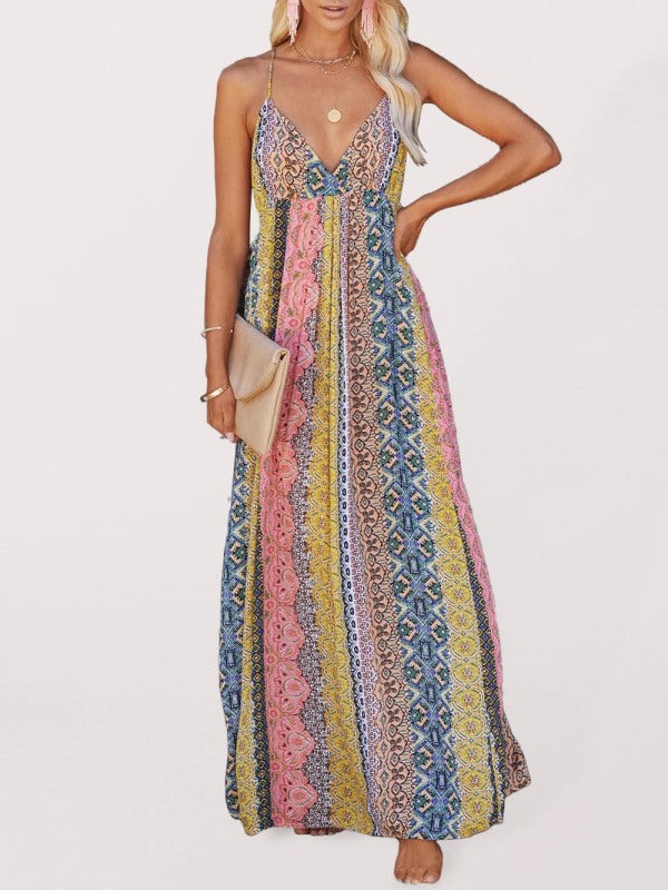 Blue Zone Planet |  Sling Deep V Print Long Dress BLUE ZONE PLANET