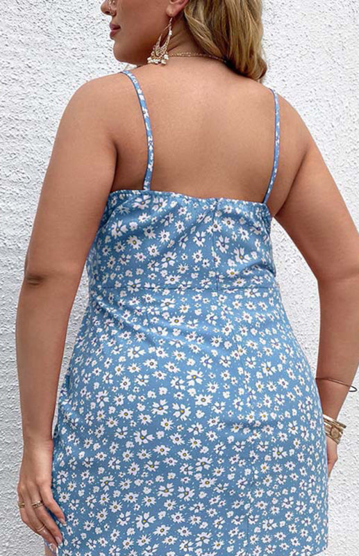 Plus Size Floral Slit Sling Short Dress BLUE ZONE PLANET