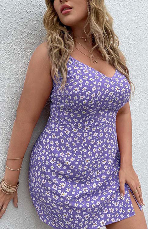 Plus Size Floral Slit Sling Short Dress BLUE ZONE PLANET