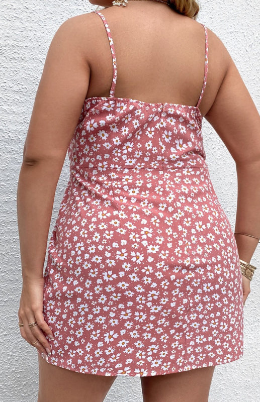 Plus Size Floral Slit Sling Short Dress BLUE ZONE PLANET