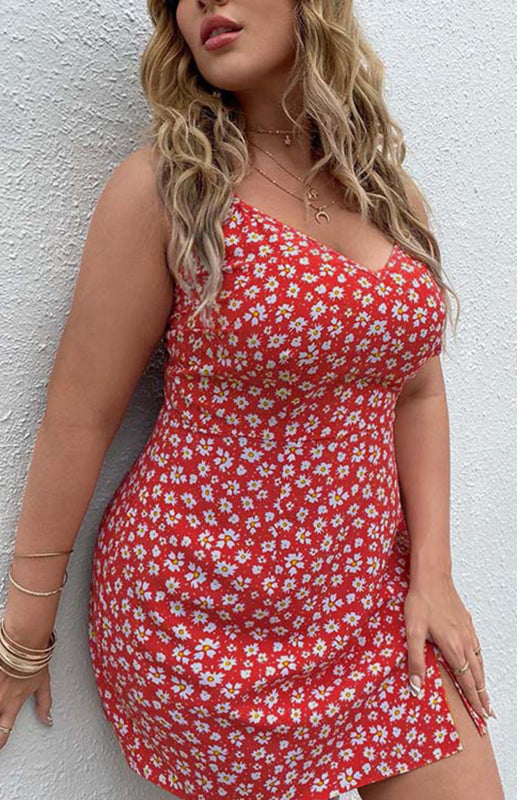 Plus Size Floral Slit Sling Short Dress BLUE ZONE PLANET
