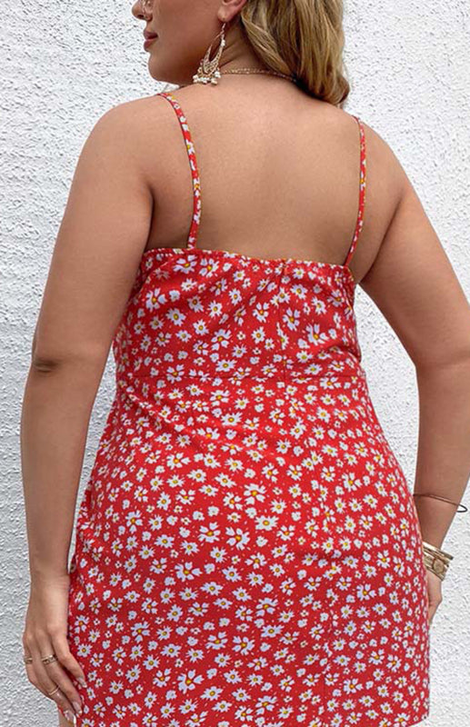 Plus Size Floral Slit Sling Short Dress BLUE ZONE PLANET