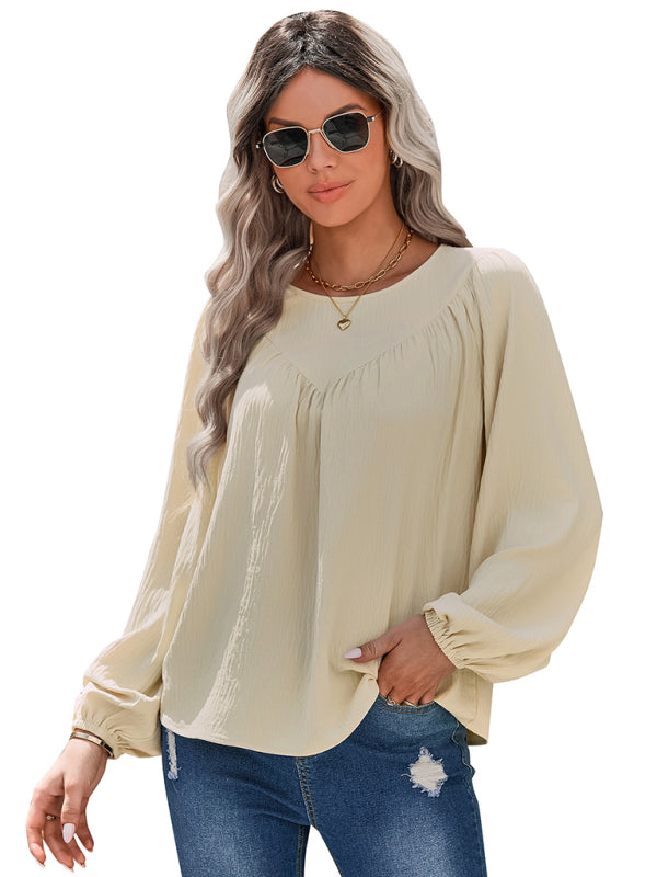 loose round neck solid color pullover shirt BLUE ZONE PLANET