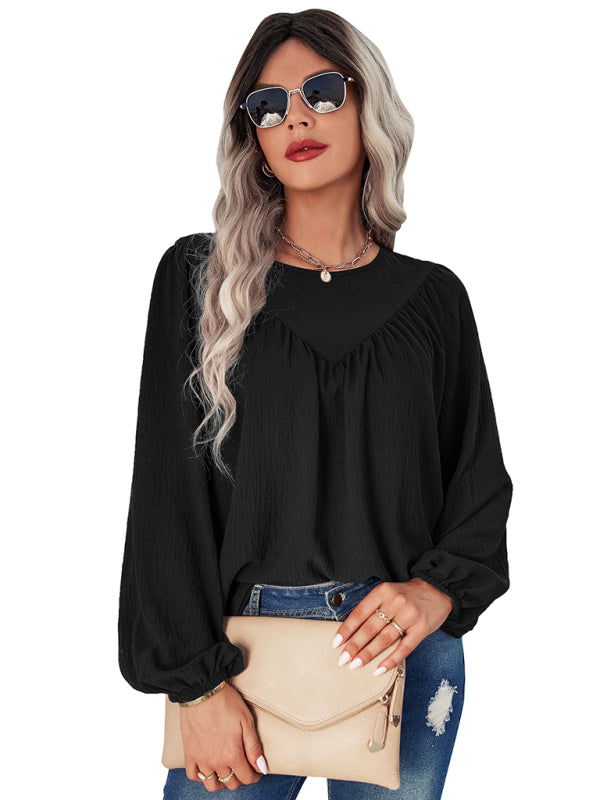 loose round neck solid color pullover shirt BLUE ZONE PLANET