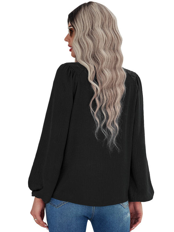 loose round neck solid color pullover shirt BLUE ZONE PLANET