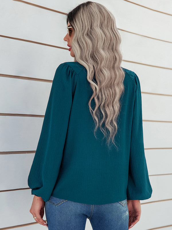 loose round neck solid color pullover shirt BLUE ZONE PLANET