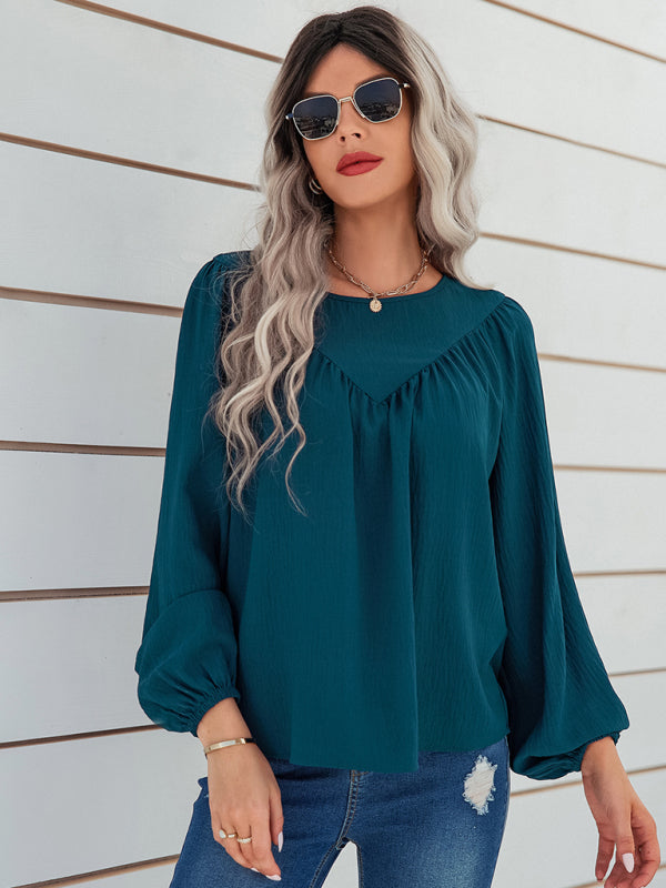loose round neck solid color pullover shirt BLUE ZONE PLANET