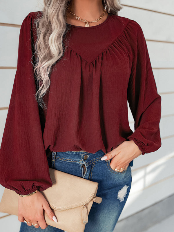 loose round neck solid color pullover shirt BLUE ZONE PLANET