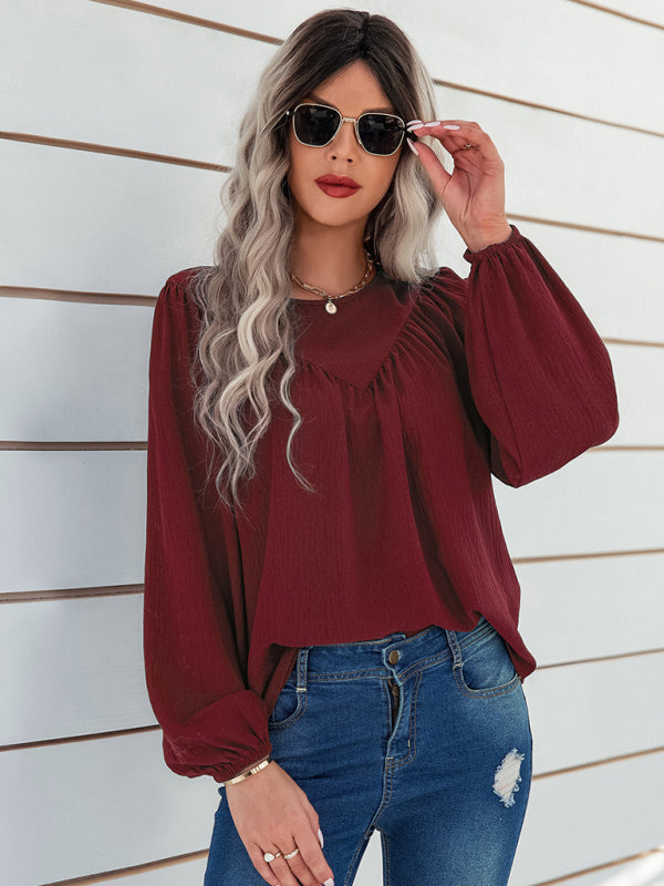loose round neck solid color pullover shirt BLUE ZONE PLANET