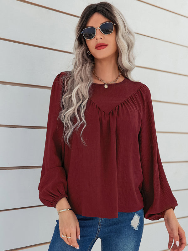 loose round neck solid color pullover shirt BLUE ZONE PLANET
