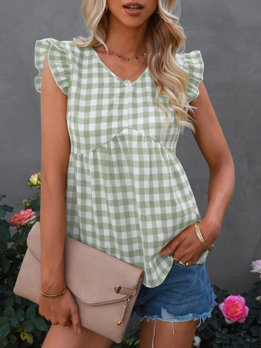 V-neck sleeveless Plaid top kakaclo