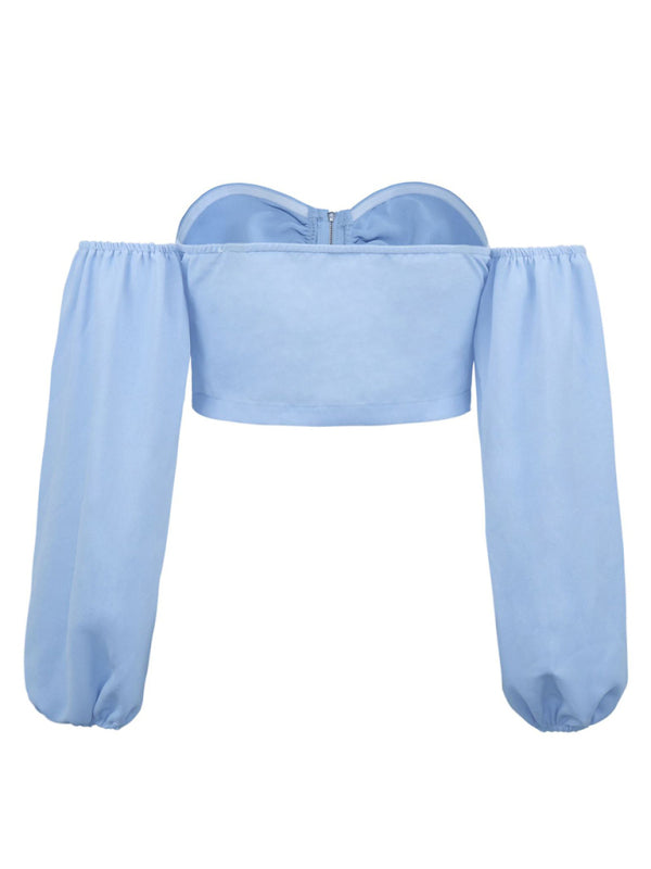 navel exposed shoulder loose tight mouth long -sleeved zipper tube top top BLUE ZONE PLANET