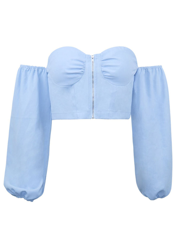 navel exposed shoulder loose tight mouth long -sleeved zipper tube top top BLUE ZONE PLANET