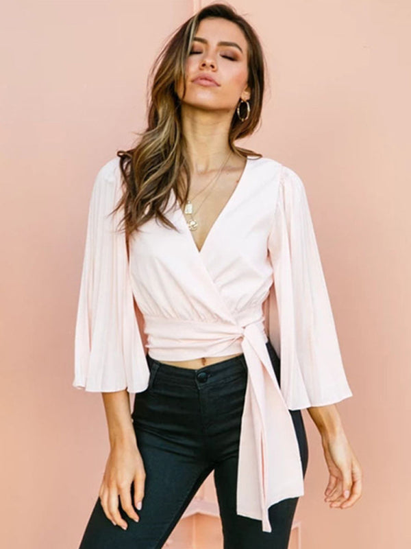 Blue Zone Planet | long -sleeved thin V -neck flared sleeve top BLUE ZONE PLANET