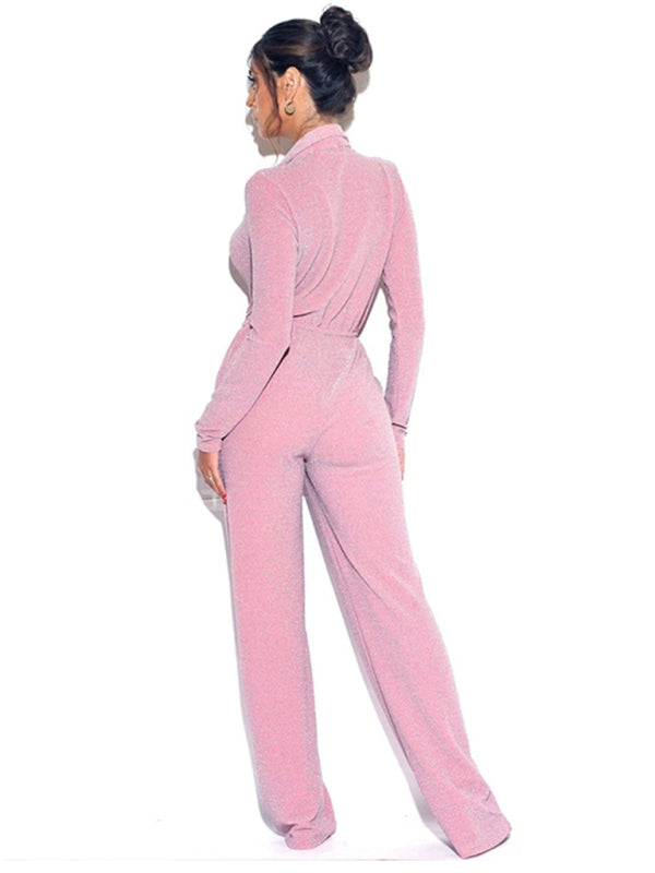 wide -leg deep V -neck long sleeve jumpsu BLUE ZONE PLANET
