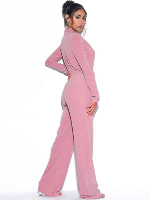 wide -leg deep V -neck long sleeve jumpsu BLUE ZONE PLANET