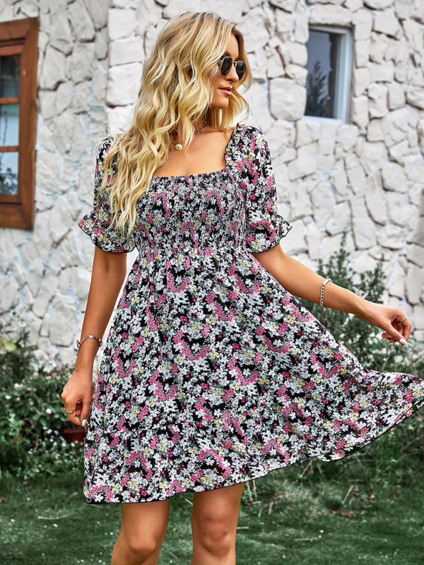 Women's French square collar skirt short sleeve Floral Dress BLUE ZONE PLANET