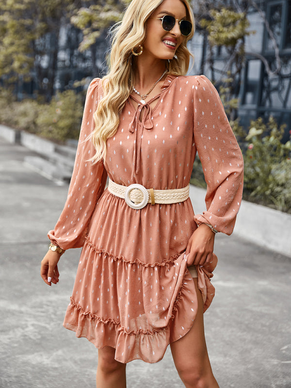 V-neck waist closed long sleeve A-line skirt dress kakaclo