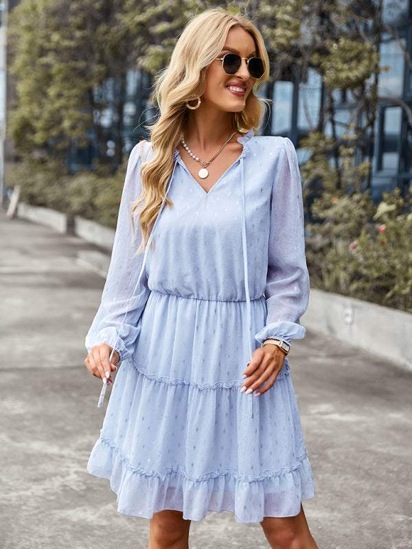 V-neck waist closed long sleeve A-line skirt dress kakaclo