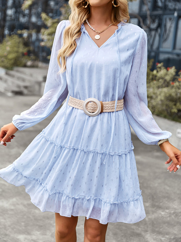 V-neck waist closed long sleeve A-line skirt dress kakaclo