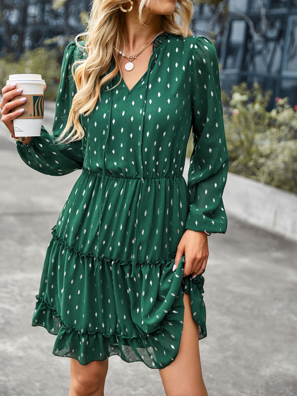 V-neck waist closed long sleeve A-line skirt dress kakaclo