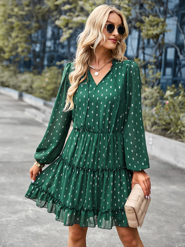 V-neck waist closed long sleeve A-line skirt dress kakaclo