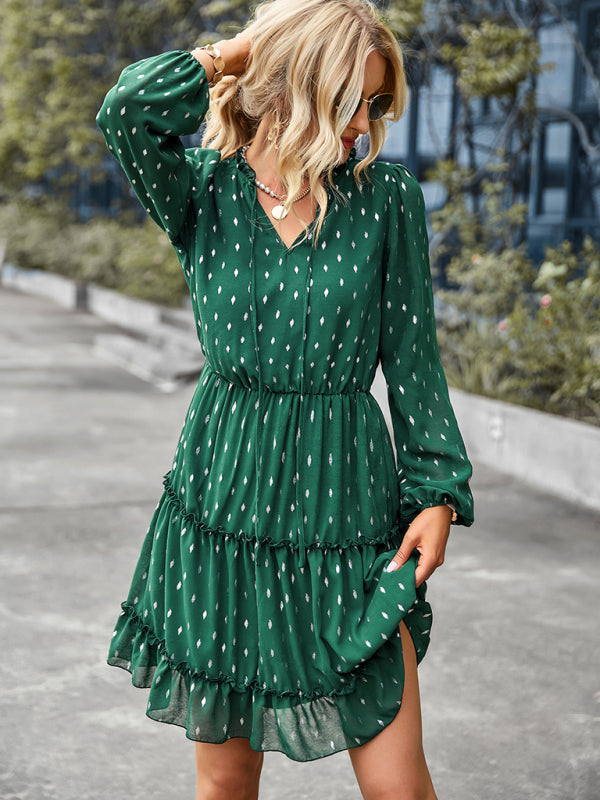 V-neck waist closed long sleeve A-line skirt dress kakaclo