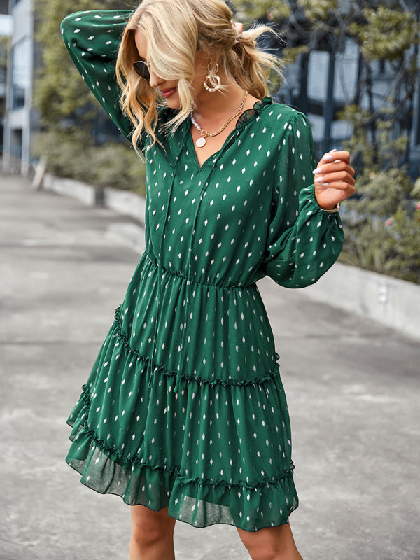 V-neck waist closed long sleeve A-line skirt dress kakaclo