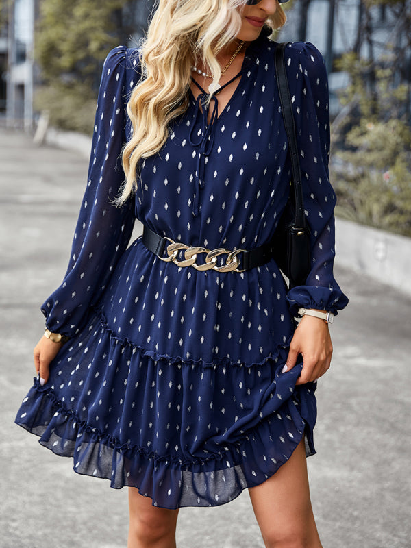 V-neck waist closed long sleeve A-line skirt dress kakaclo