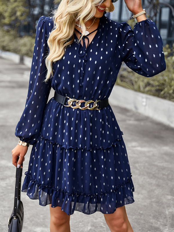 V-neck waist closed long sleeve A-line skirt dress kakaclo