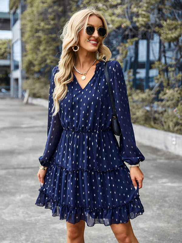 V-neck waist closed long sleeve A-line skirt dress kakaclo