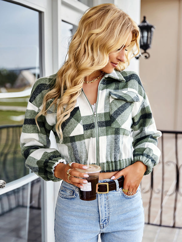 Women's casual holiday Plaid Long Sleeve Jacket-[Adult]-[Female]-Green-S-2022 Online Blue Zone Planet