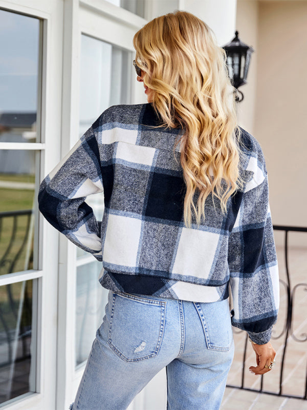 fashion short plaid jacket BLUE ZONE PLANET