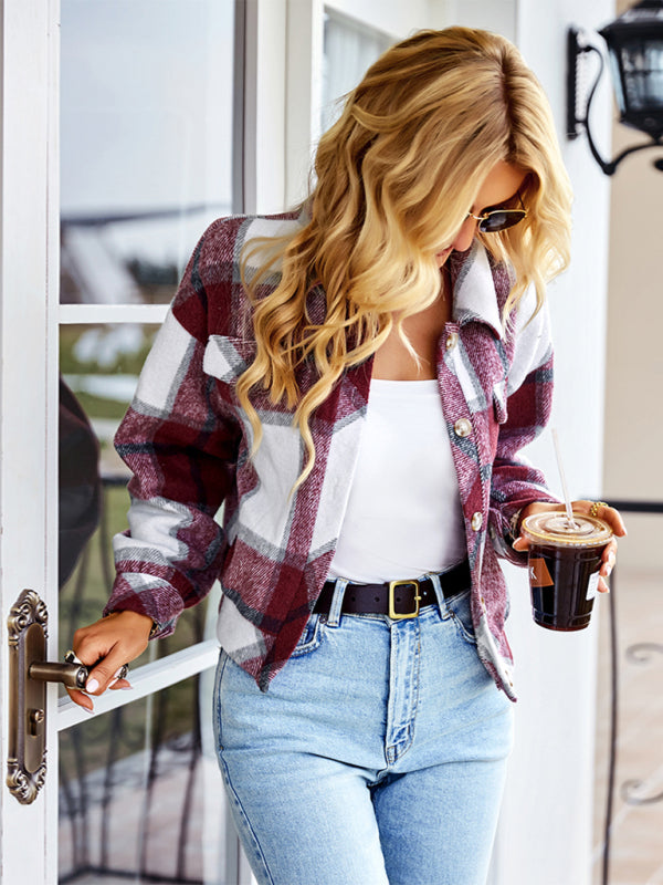 fashion short plaid jacket BLUE ZONE PLANET